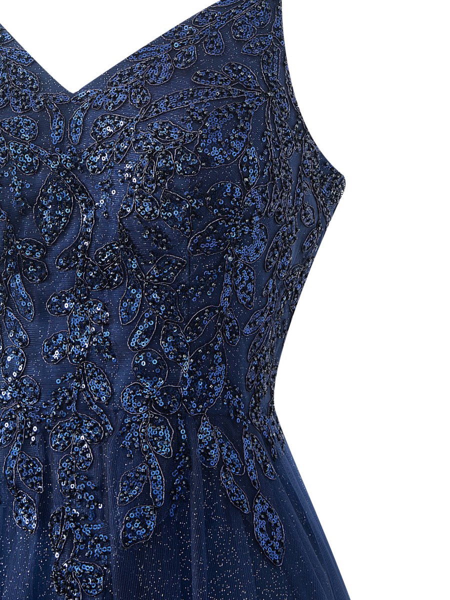 Navy Blue A-line Floor Length Glitter Tulle Prom Dress