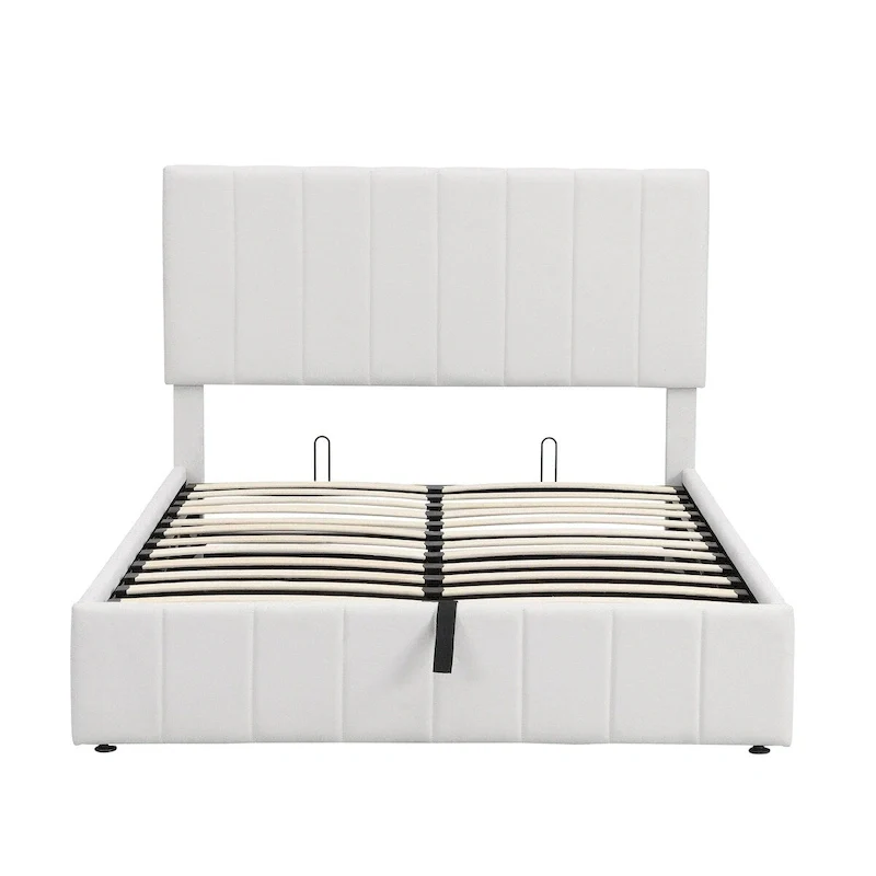 White Upholstered Platform Bed with Hydraulic Storage – Full Size, for 2