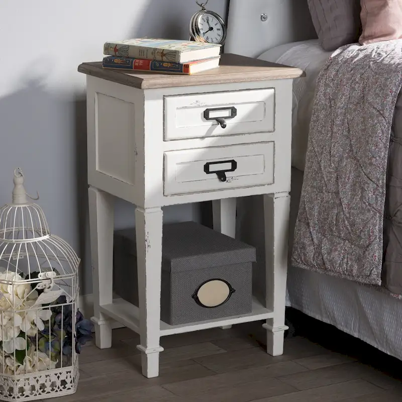 Weathered Oak and White Wash Distressed Finish Wood Nightstand