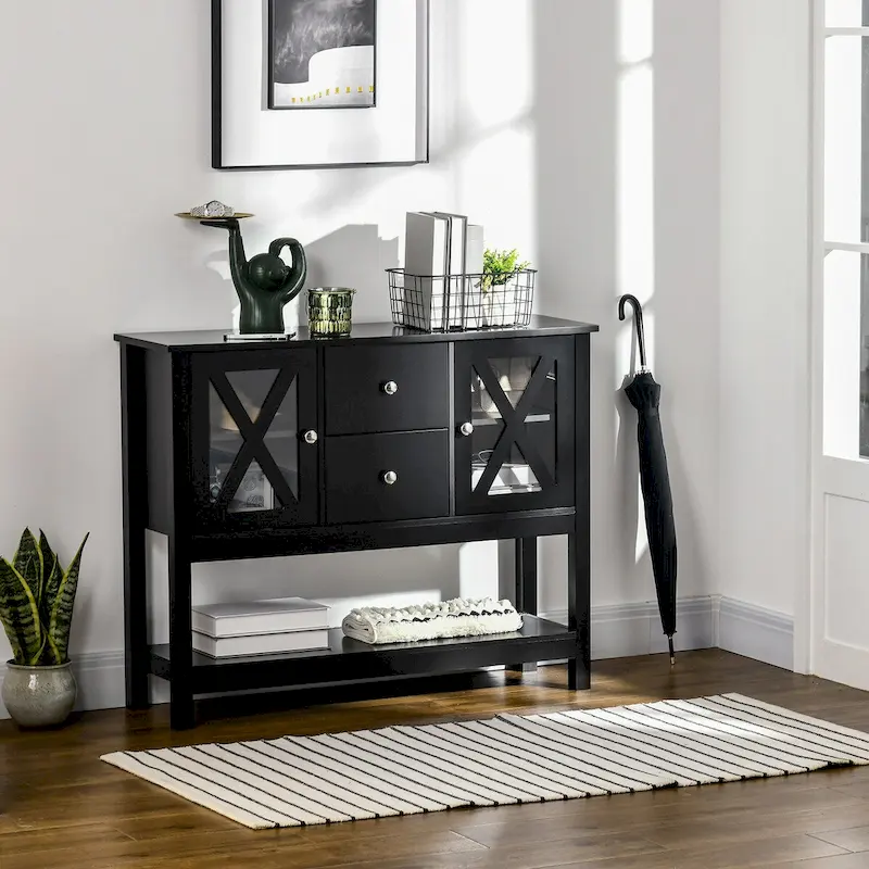Black Modern Farmhouse Sideboard Buffet Cabinet with 2 Drawers, Glass Doors & Open Shelf – 1-Piece