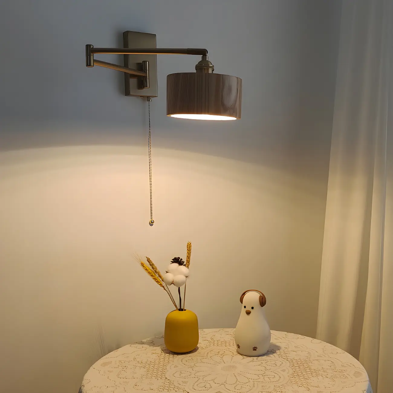 Brown Wood Shade Brass Metal Swing Arm Wall Light