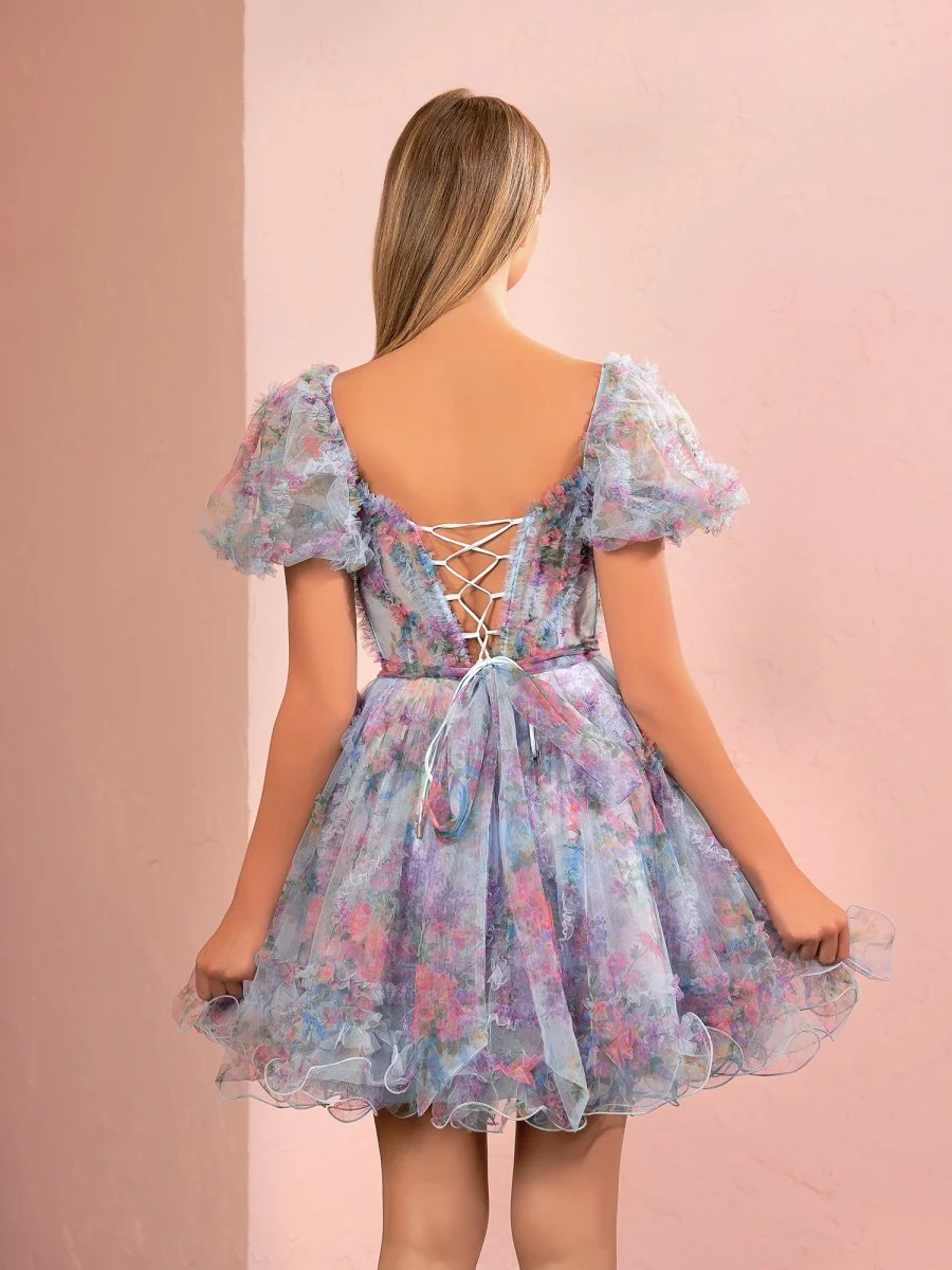 Sky Blue A Line Off the Shoulder Printed Homecoming Dress