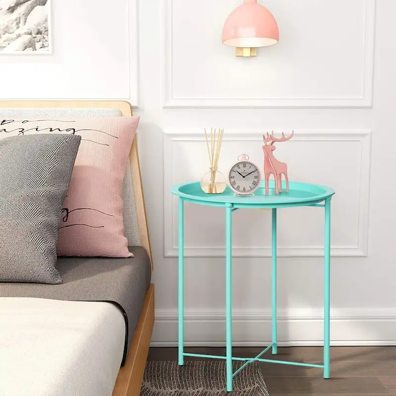 Folding Round TV Tray Tables, Small Round Steel Side Table, No Assembly Required - 18.5 x 18.5 x 19.7 in