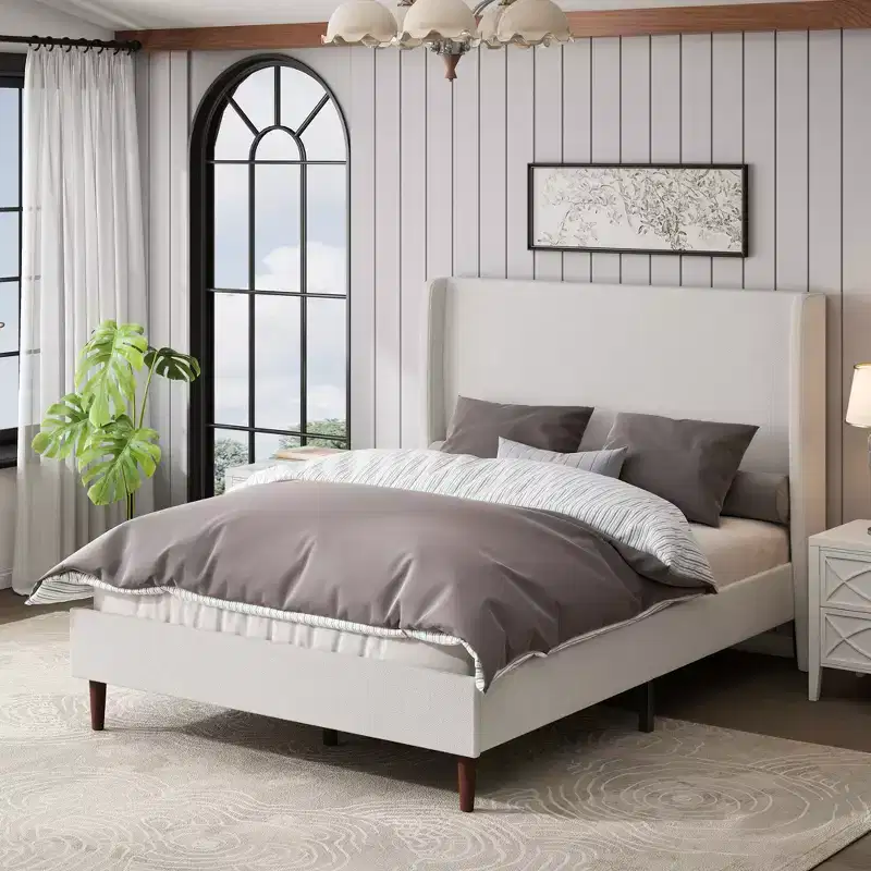Queen/King Size Upholstered Bed Frame, Chenille High Headboard Platform Bed, No Box Spring Needed, Ivory White - ModernLuxe