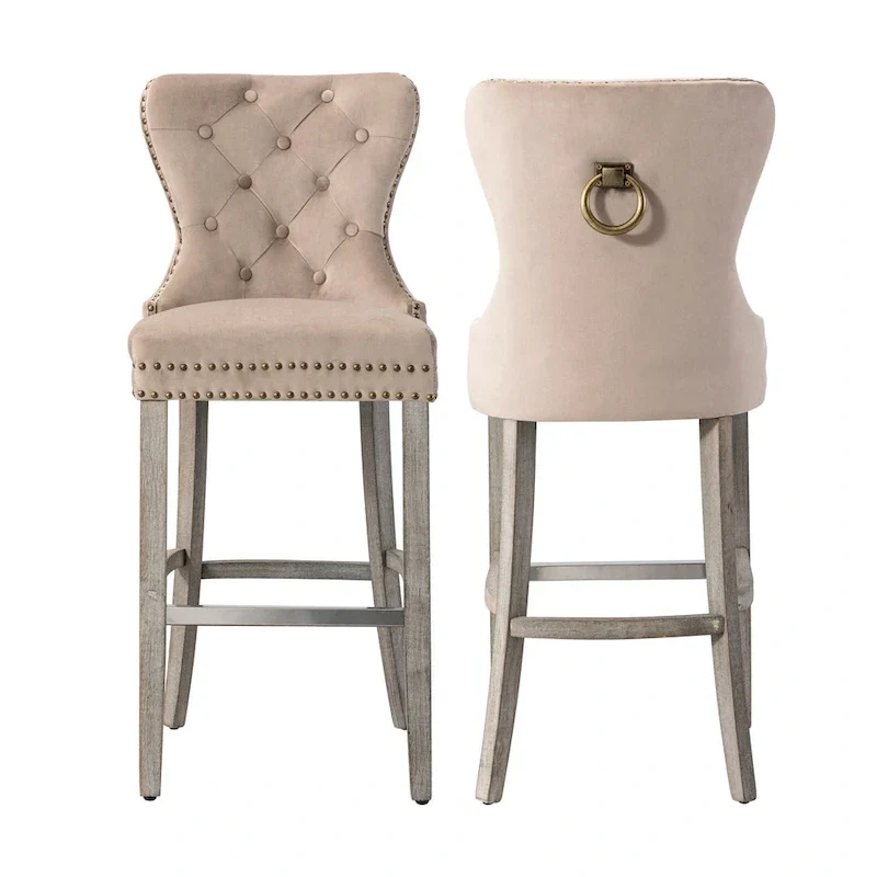 Carter 29 Wingback Tufted Nailhead Bar Stool (Set of 2), Antique Grey Legs