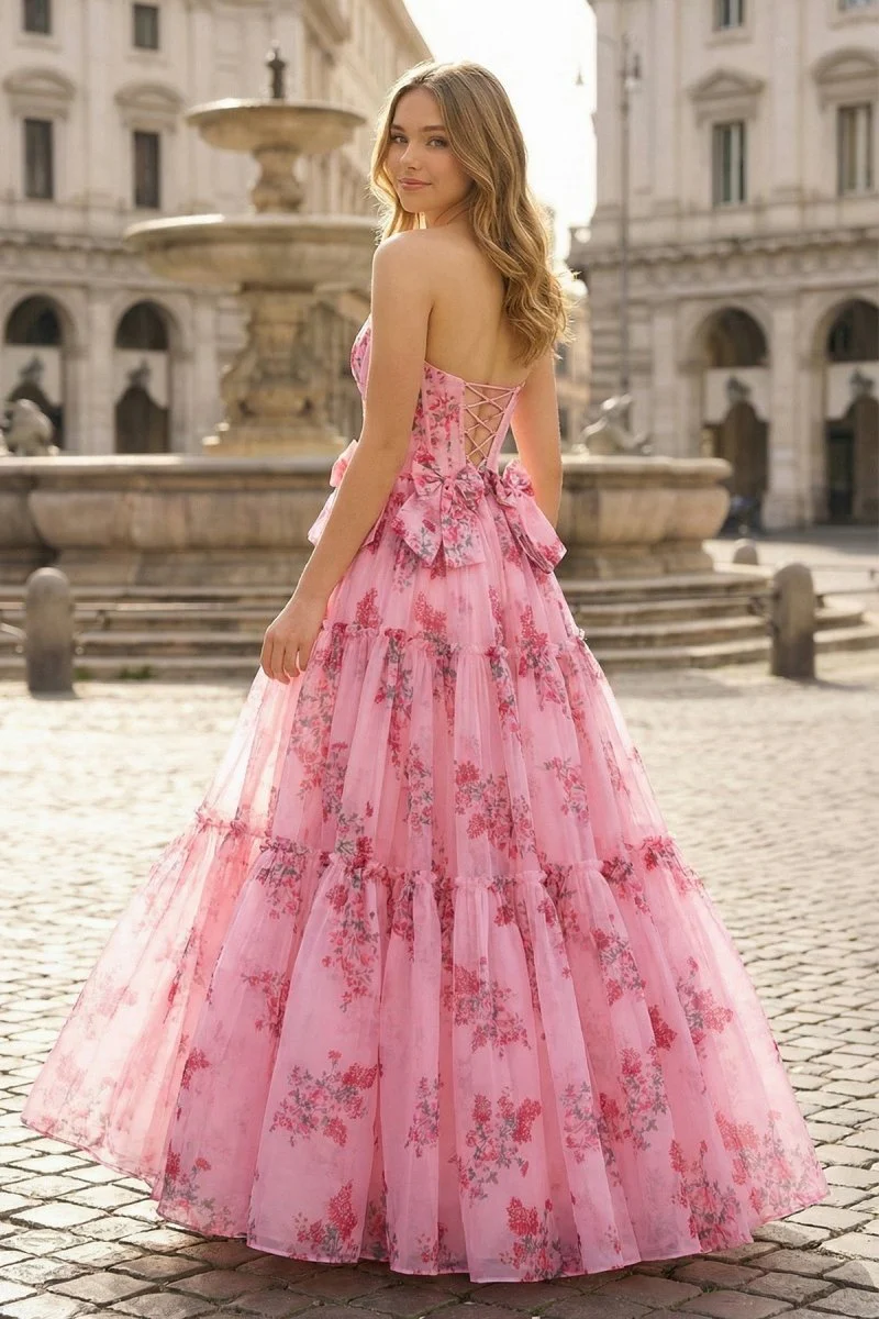 Pink Strapless Chiffon A Line Floral Tiered Prom Dress With Bow