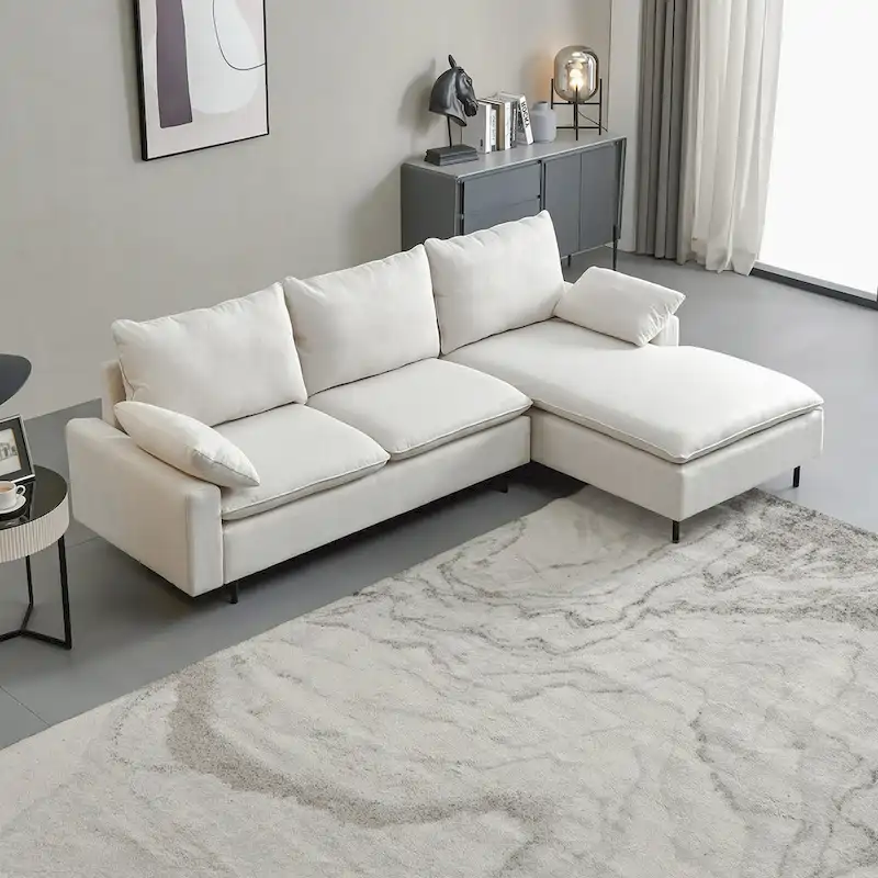Beige Linen L-Shaped Sectional Sofa with Chaise, Seats 3-4
