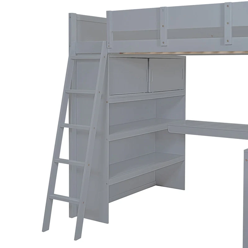 Full Size Loft Bed with Desk & Shelf – Gray / White – Fits 1 Person