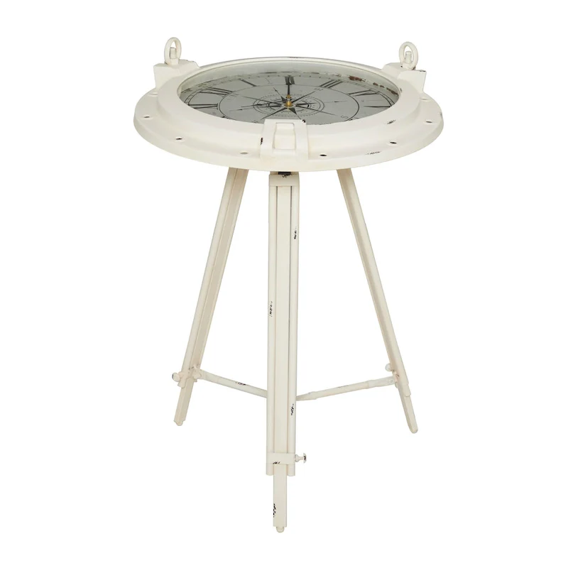 Compass-Themed Metal Accent Table — Featuring a Built-in Clock and Clear Glass Top (Available in White or Black)