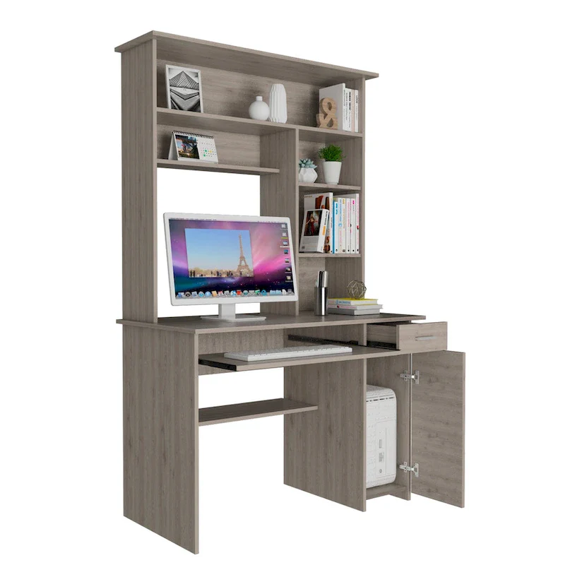 Compu 180 Hutch Desk with 5 Shelves, Retractable Keyboard Tray, CPU Panel, and Drawer