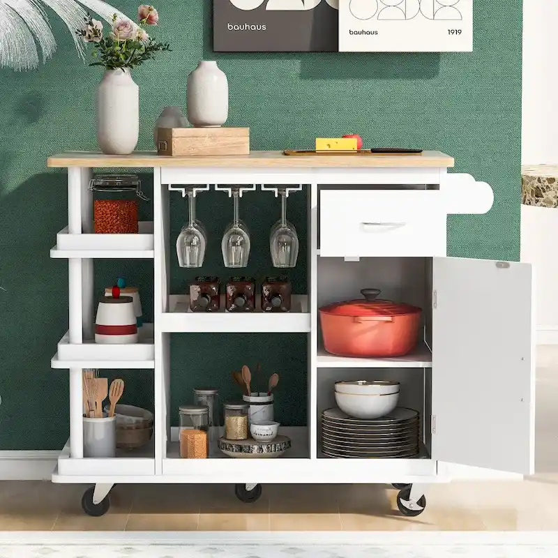 Rubber Wood Kitchen Cart with Adjustable Shelves and Wine Rack