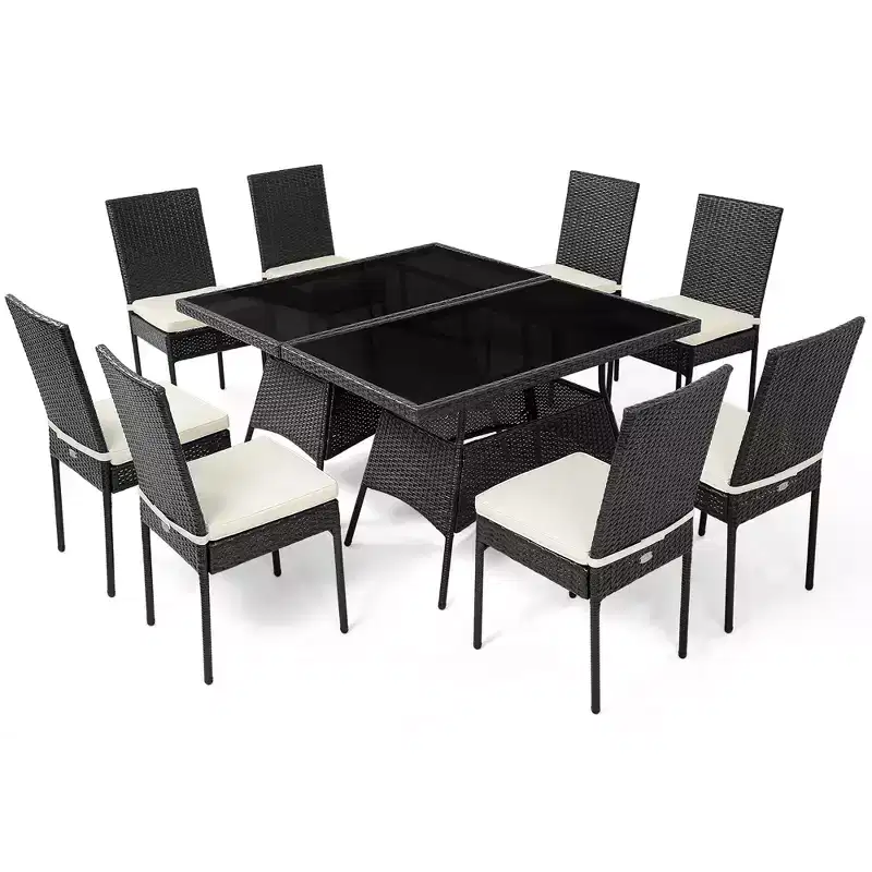 Costway 10PCS Patio Rattan Dining Set Cushioned Chair Table with Glass Top Garden Furniture