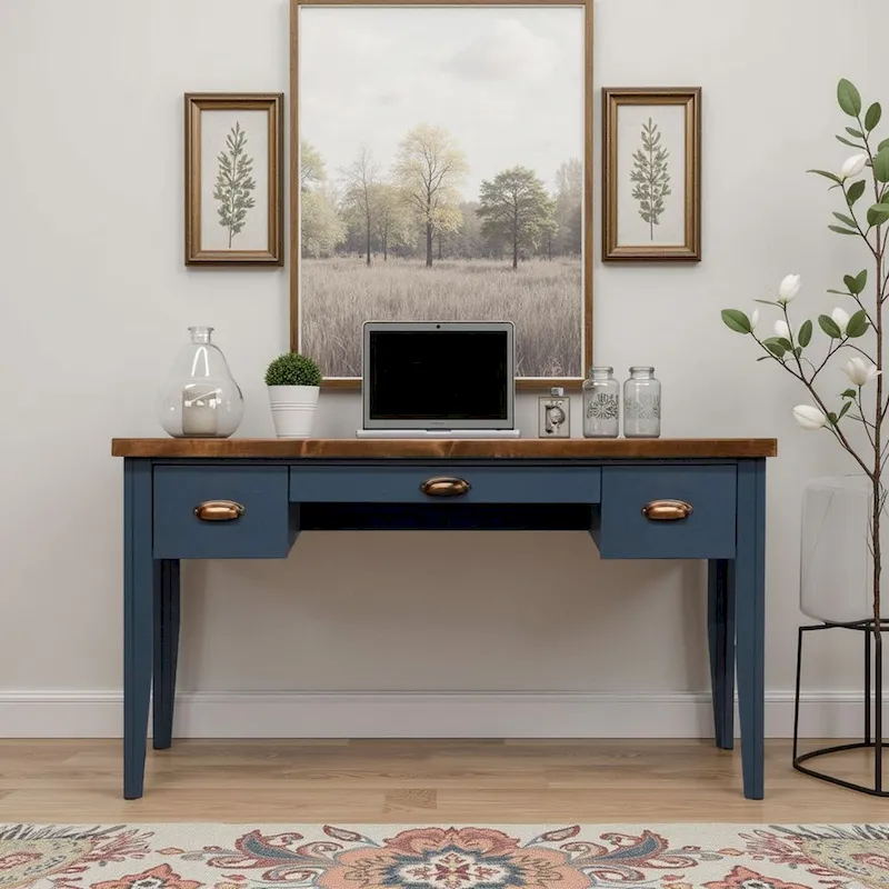 53-Inch Writing Desk, Modern Farmhouse Style, Drop-Down Keyboard Drawer, 2 Side Drawers, Poplar & Knotty Alder, Blue Denim & Whiskey, 1-Person Use