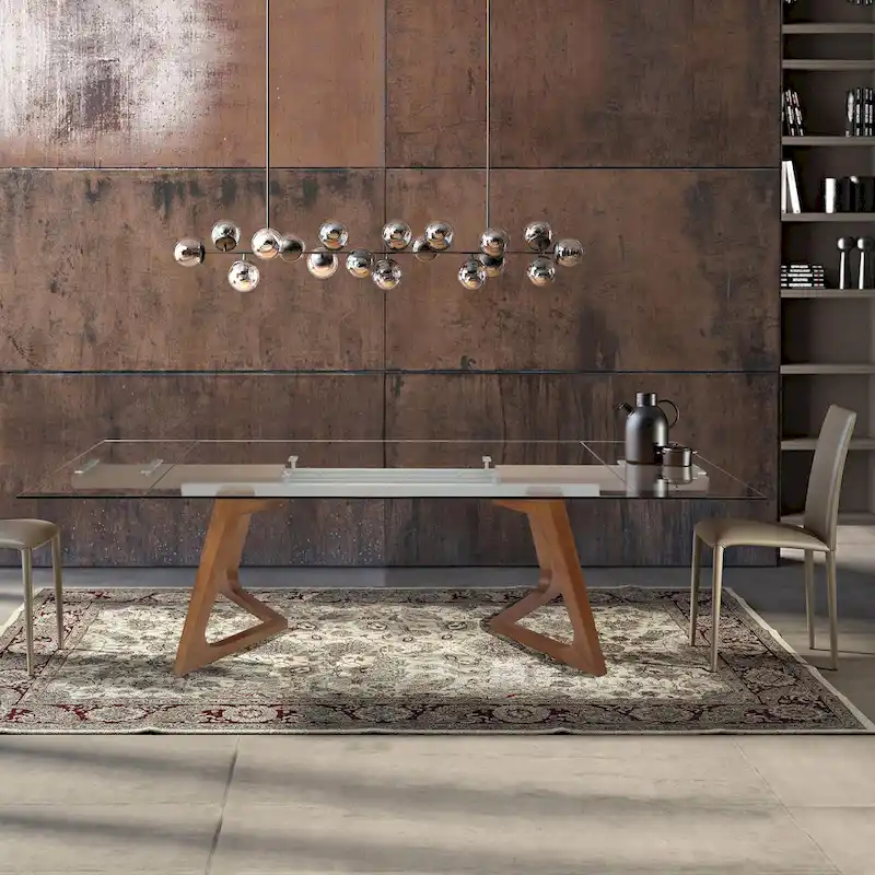 Walnut Extendable Dining Table with Glass Top & Wood Legs – Seats up to 10