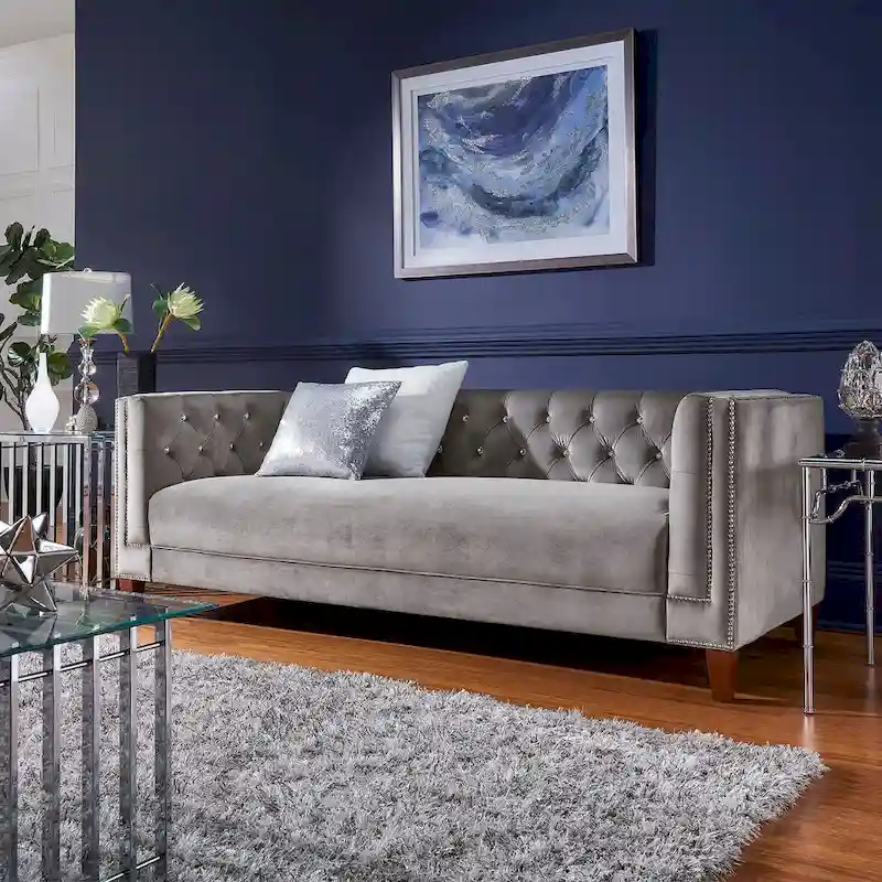 Layla Jewel-tuft Grey Velvet Seating with Nailhead