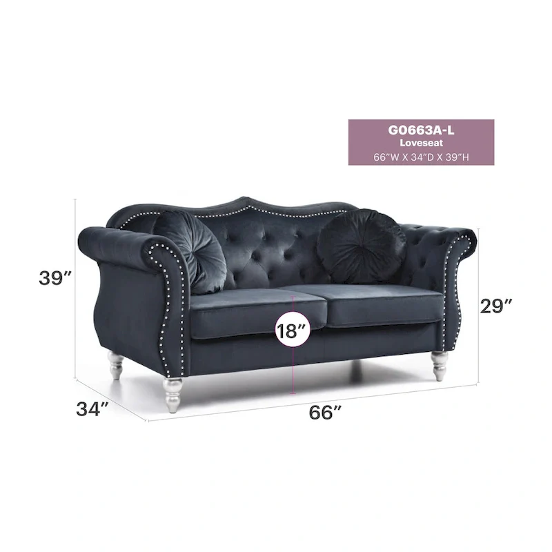 Hollywood 68 in. Velvet Chesterfield Loveseat with 2-Throw Pillow - 68L x 35W x 34H