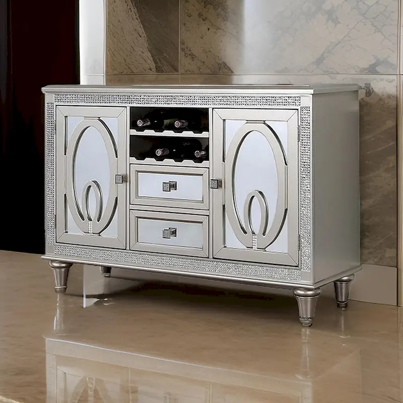 Cate 54 Inch Buffet Server Console, 2 Doors, Wine Rack, Mirrored, Silver