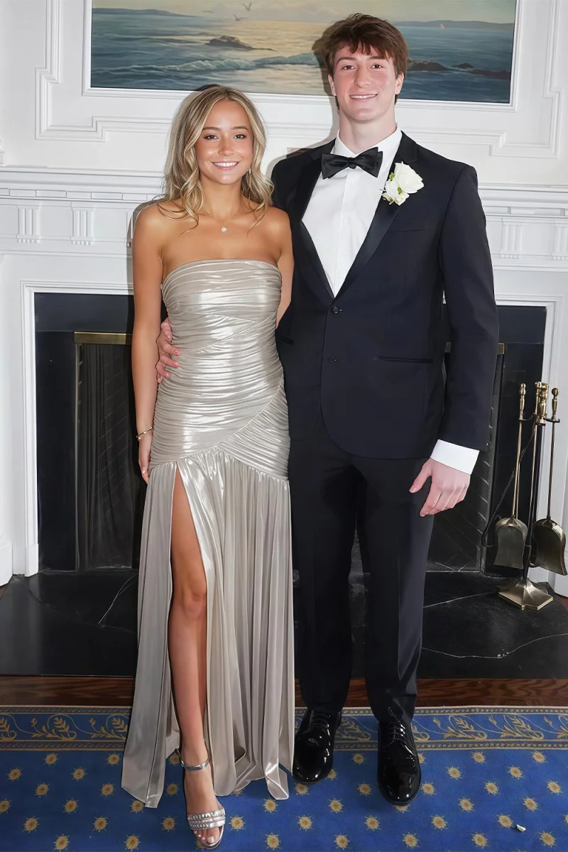 Champagne Mermaid Strapless Metallic Long Prom Dresses with Pleats