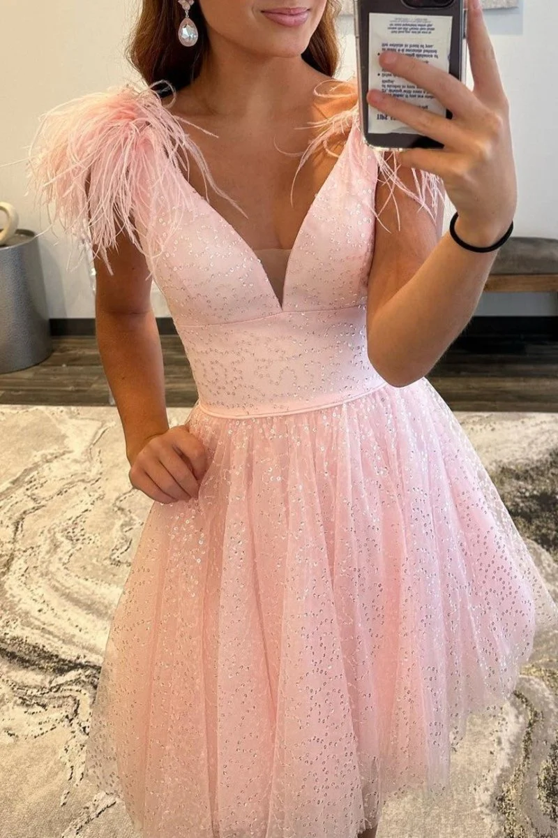 A-line Deep V Neck Tulle Homecoming Dress with Feathers