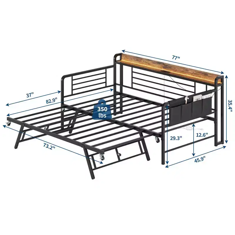 Coolmee Twin Daybed with Trundle, Storage Headboard + Charging Station & Extra Storage Bags, Sturdy Sofa Bed for Living Room Guest Room