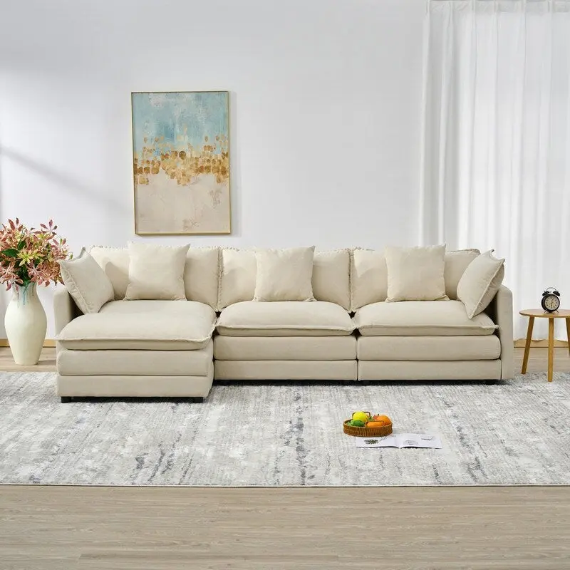 Beige / White / Orange Chenille 3-Seater Sofa with Ottoman