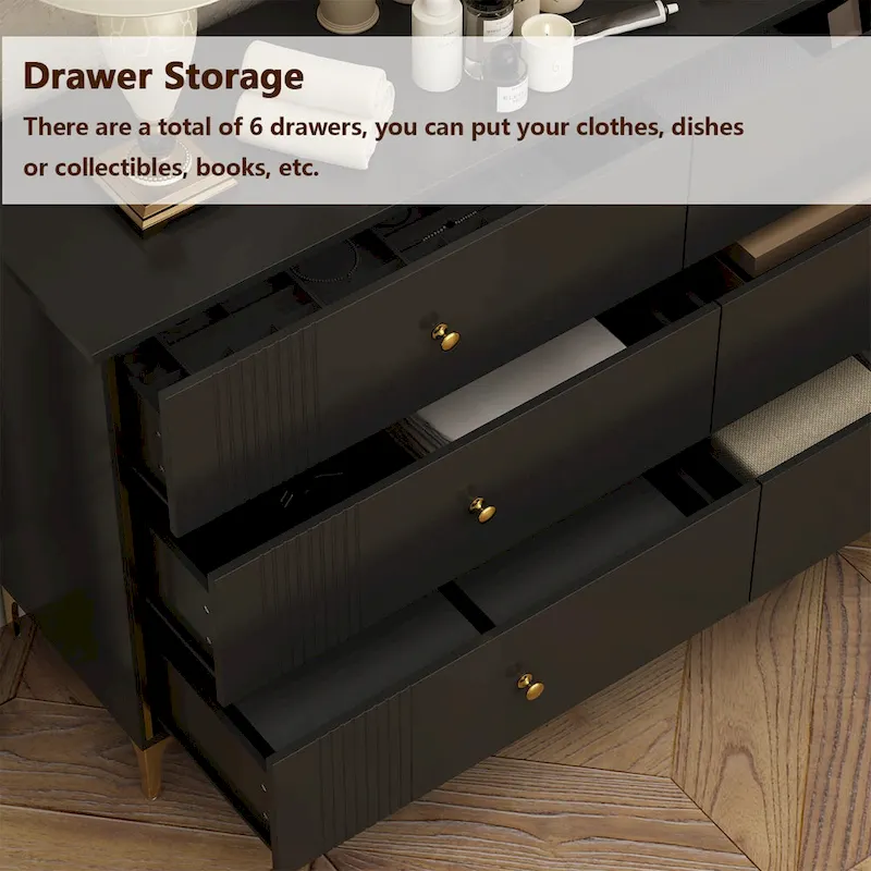 White Lacquer Dresser 6 Drawer Dresser with Metal Handle and Legs