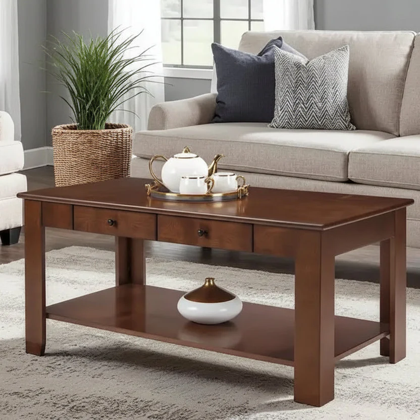 2 Drawer Coffee Table with Shelf - 40x20x18 Inch Black Rectangular Wood Storage Table for Living Room