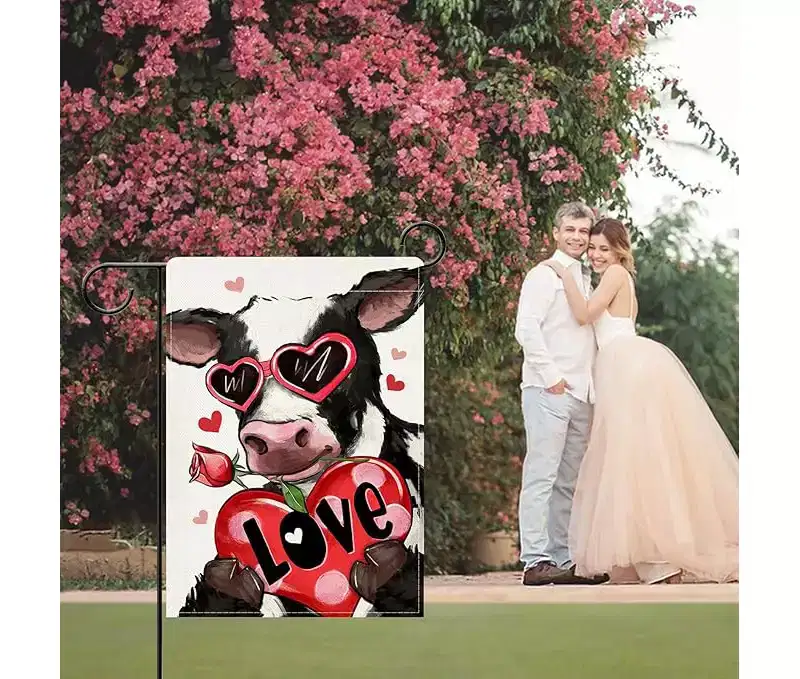 Lomsoe Welcome Valentines Cow Garden Flag Love Hearts Farm Yard Flag Anniversary Wedding Flag Valentines Gift Valentines Decor Single Side 12x18 Inch