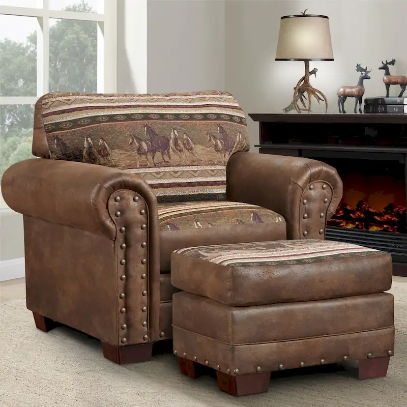 American Furniture Classics Model 8501-00-40 Wild Horses Arm Chair with Matching Ottoman