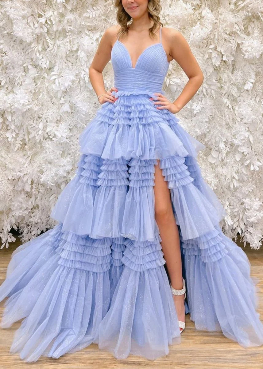 Tulle Deep V Neck Spaghetti Straps Long Prom Dress