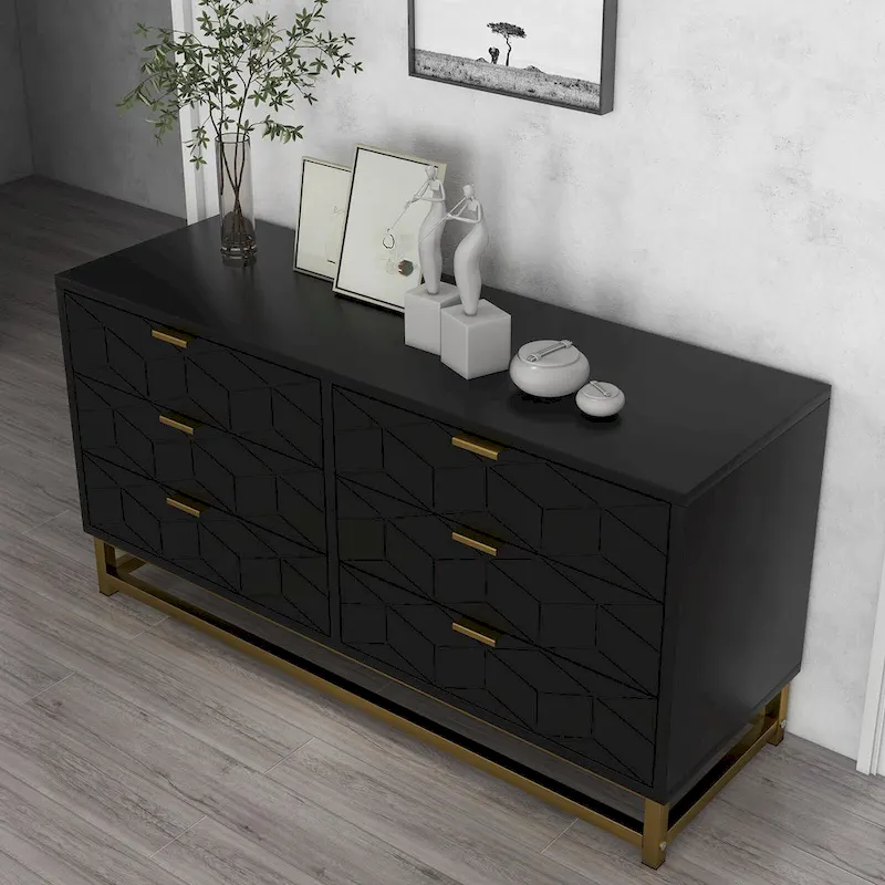 6-Drawer Dresser with Gold Metal Legs - White Wood