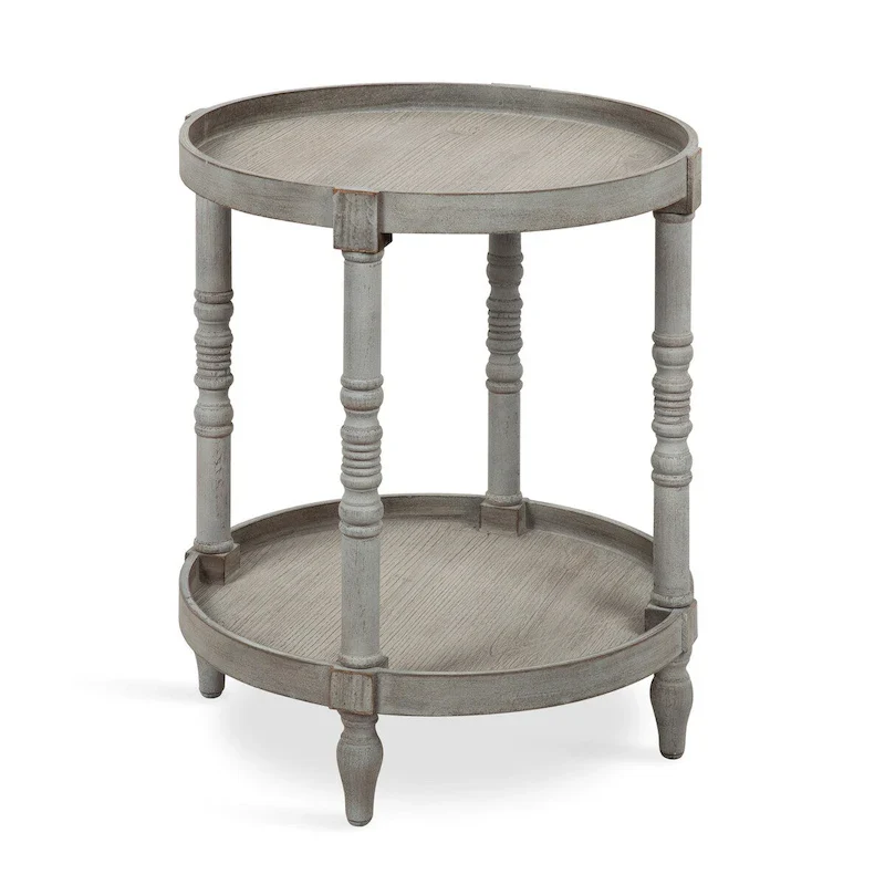 Round Wood Side Table with Shelf, Gray / White / Rustic Brown / Black