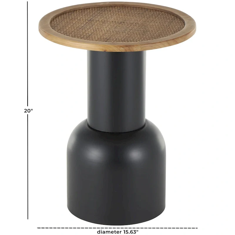 Metal Handmade Pedestal Side End Accent Table with Brown Rattan Tabletop - Black