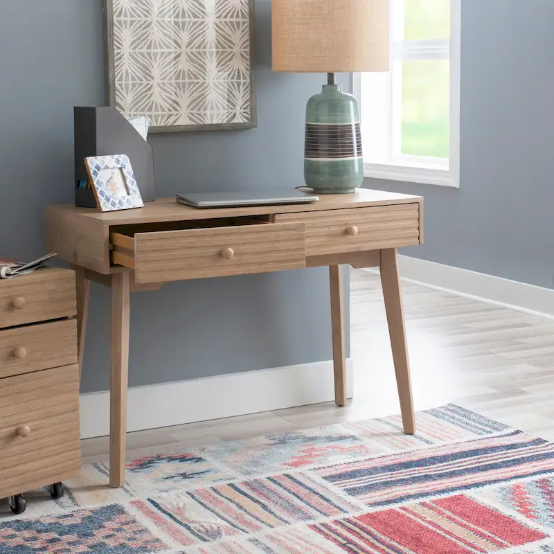 Natural / White Mid-Century Modern Solid Wood Writing Desk with 2 Drawers - Single Use