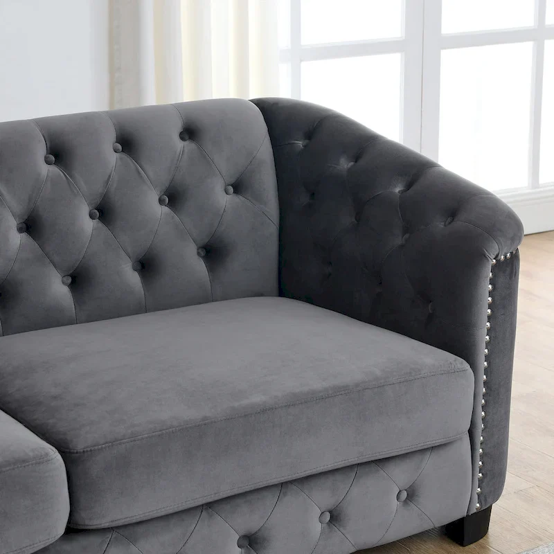 Grey 77 Modern Velvet 3-Seater Sofa with Tufted Backrests and Nailhead Trim