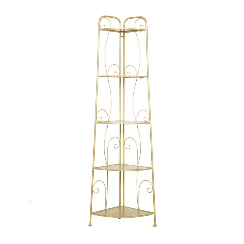 Tall, 5-Tier Metal Folding Shelf with Scrollwork Design — Indoor/Outdoor Use (Gold or White)