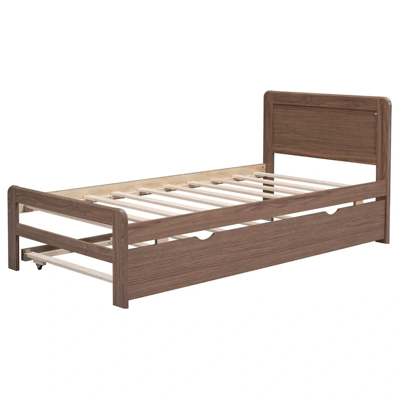 Brown Solid Wood Twin Bed with Trundle