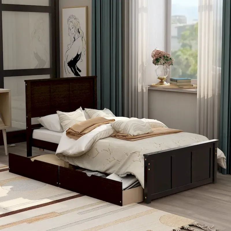 Espresso Twin Platform Storage Bed with 2 Under-Bed Drawers