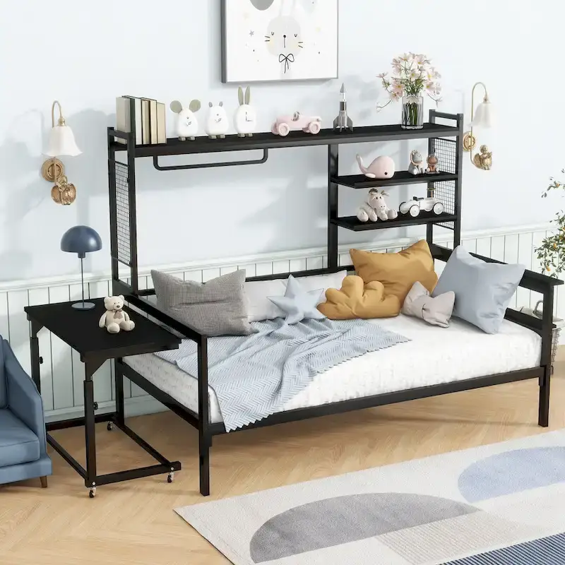 Metal Daybed with Movable Desk, Shelves and Clothes Hanger