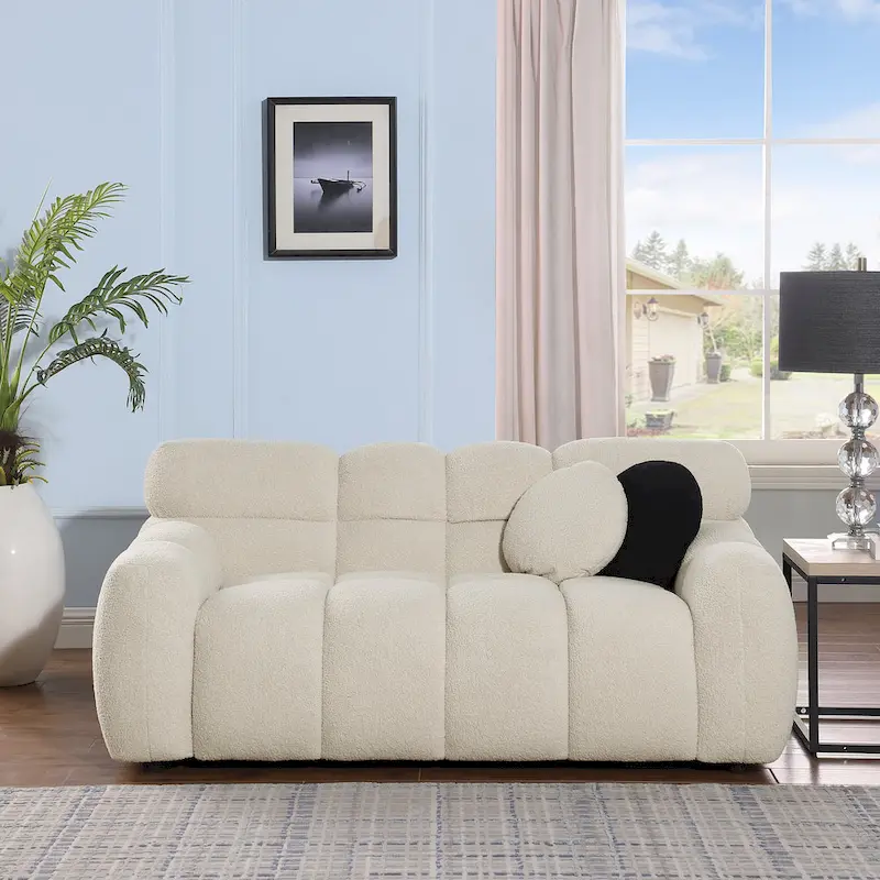Beige Boucle 3-Seat Sofa with Multi-Density Foam Cushions & 2 Pillows, Modern Style, 3-Person