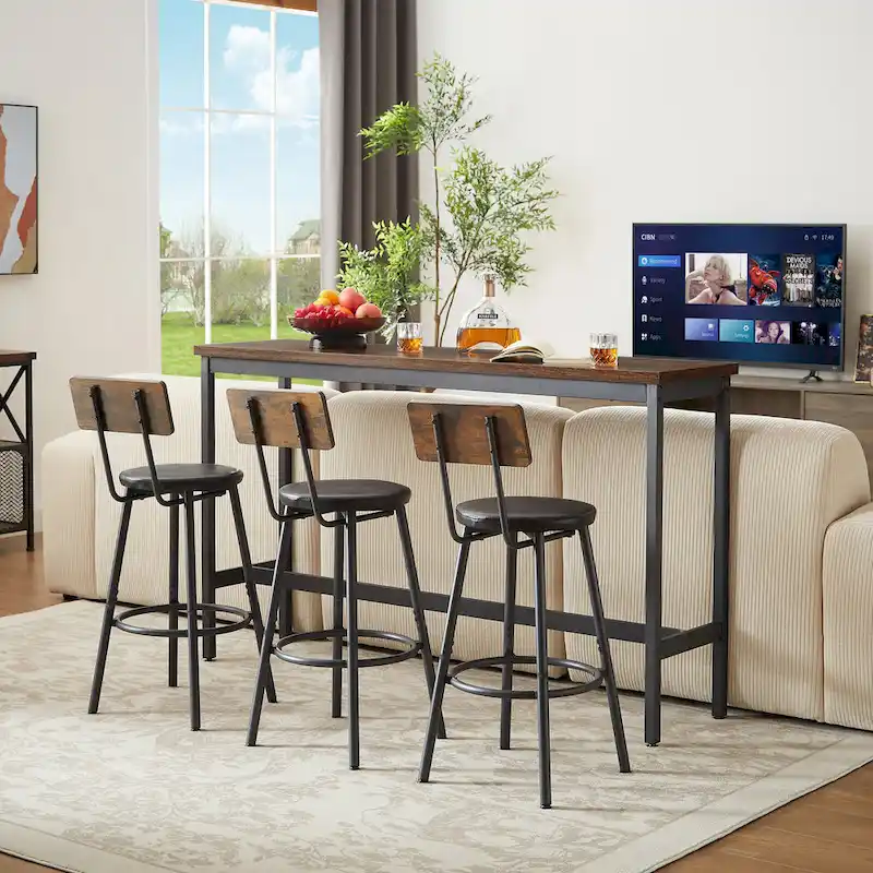 Rustic 4-Piece Dining Set with Rectangular Table & 3 PU Leather Bar Chairs