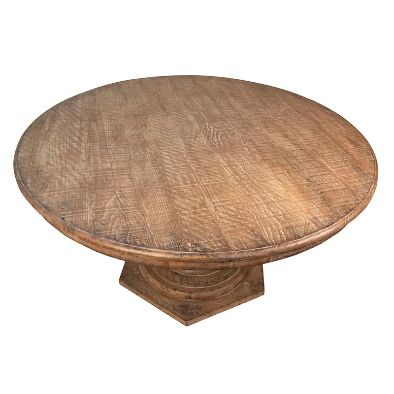 Nico 59-inch Round Reclaimed Pine Antique Natural Carved Pedestal Dining Table