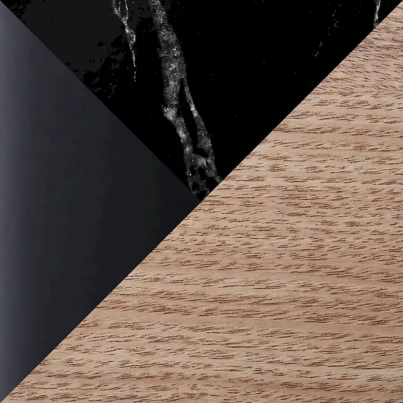 Natural Wood Round End Table with Black Metal Frame and Marble Shelf