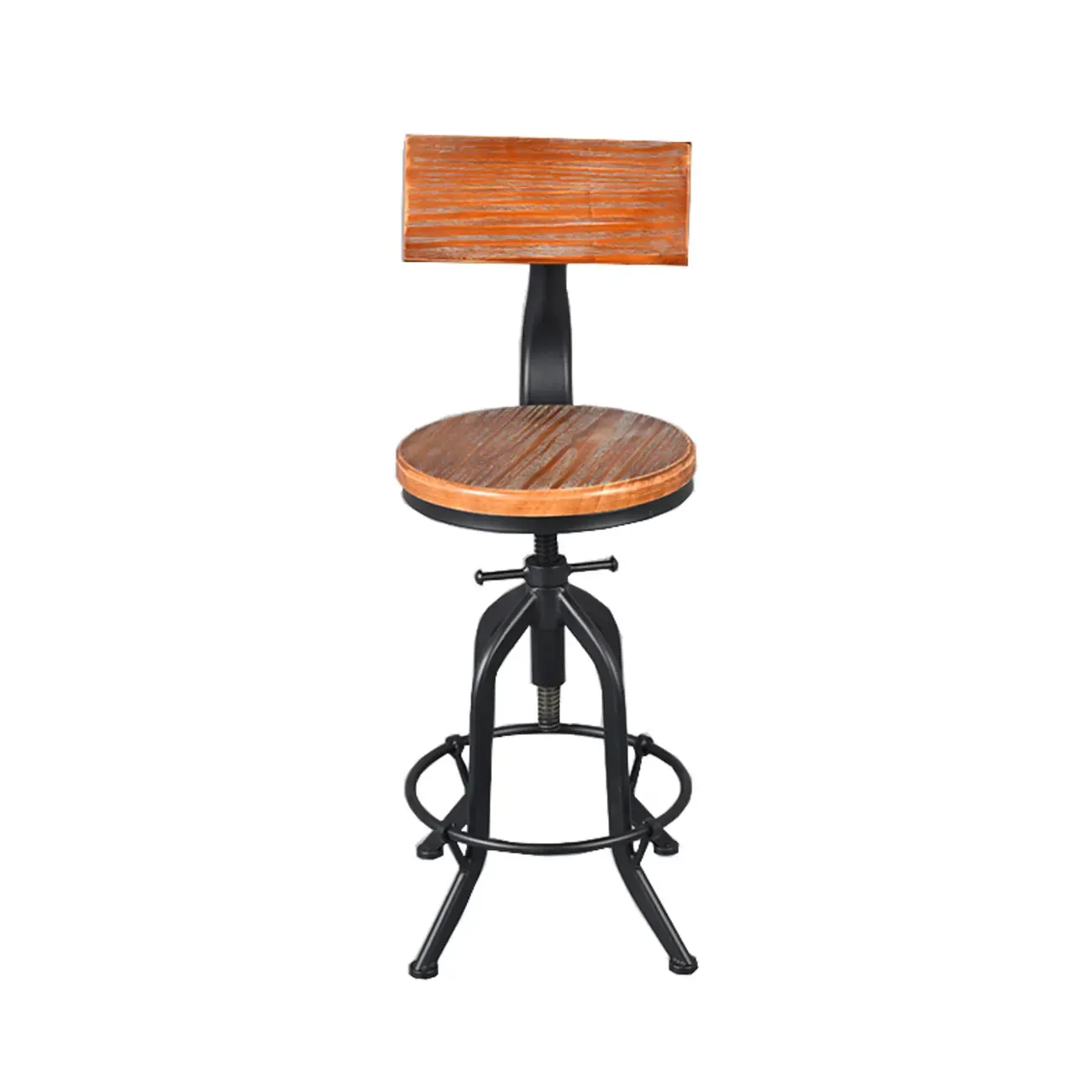Industrial Round Adjustable Wooden Metal Bar Stools With Backs