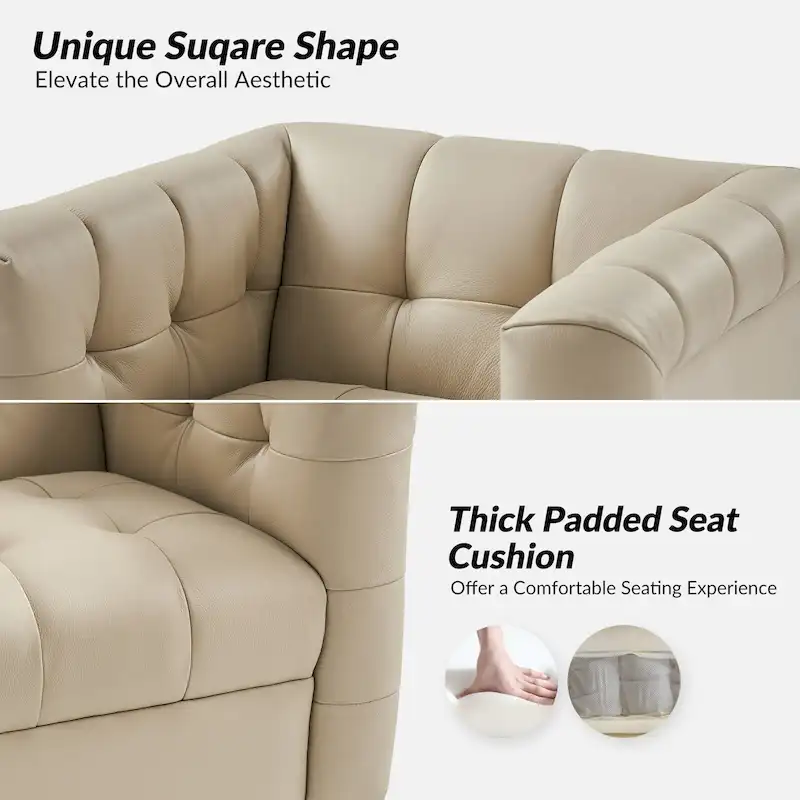 JeremiasMid-certury Modern GenuineLeatherTufted SwivelClubChair with Wooden Apron by HULALA HOME