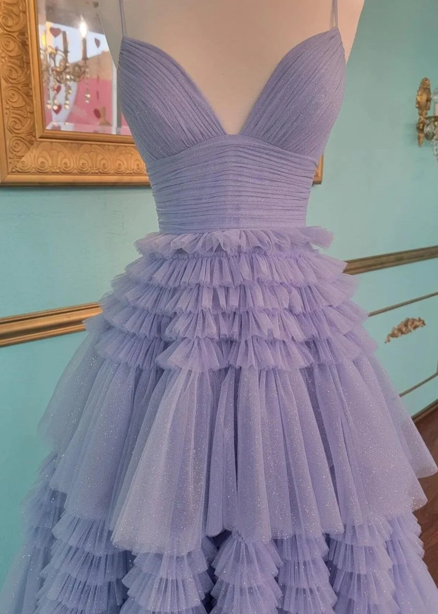 A-Line Spaghetti Straps Long Tiered Tulle Prom Dress With Split