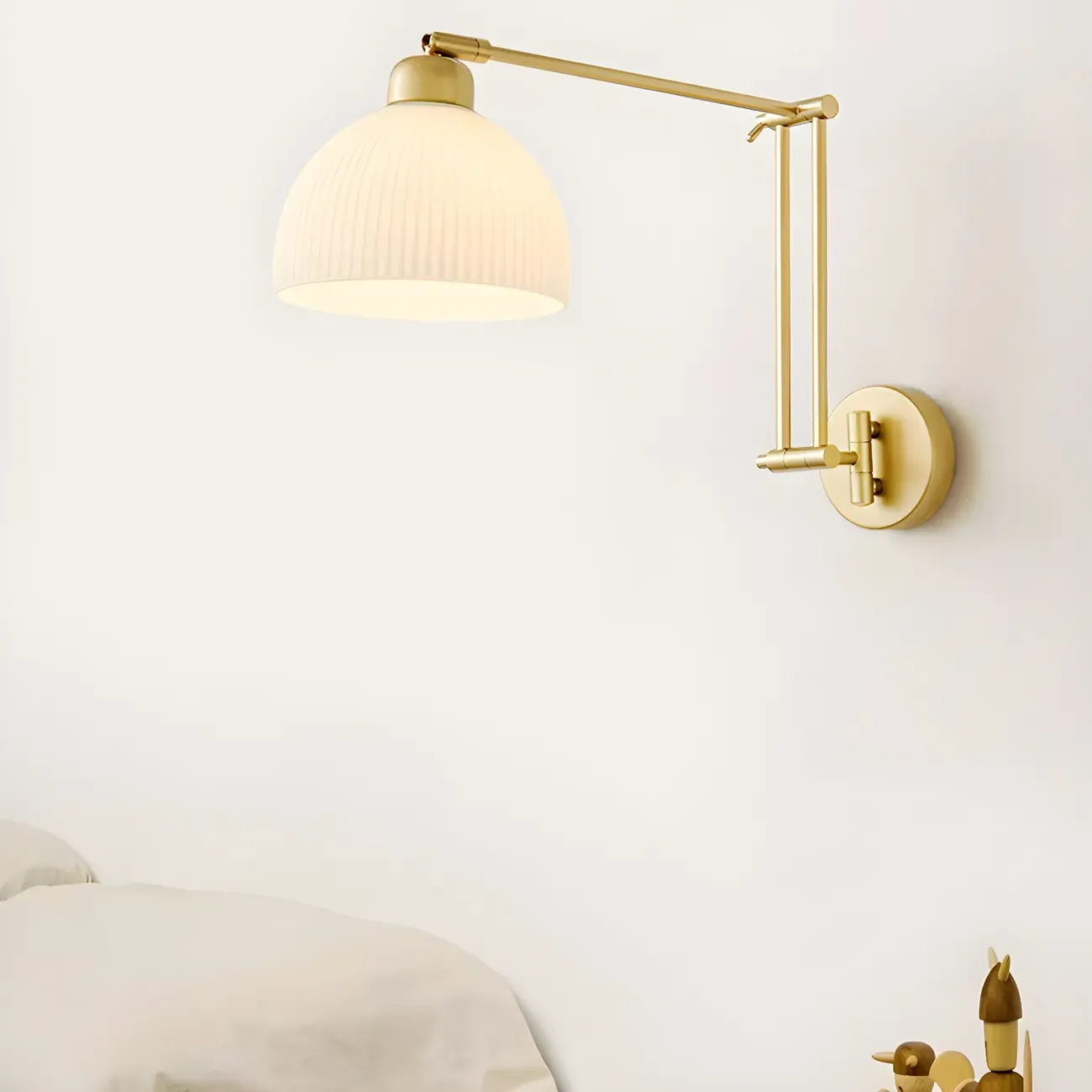 Modern Gold Adjustable Swing Arm Wall Light with White Shade