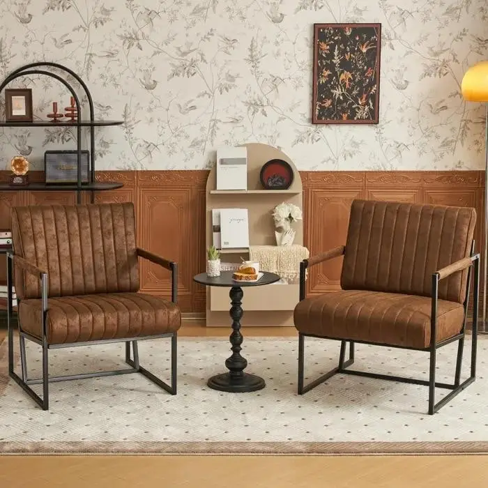 Mid Century Modern Accent Chair with Metal Frame, PU Leather Single Sofa, Reading Armchair for Living Room, Bedroom, Cafe