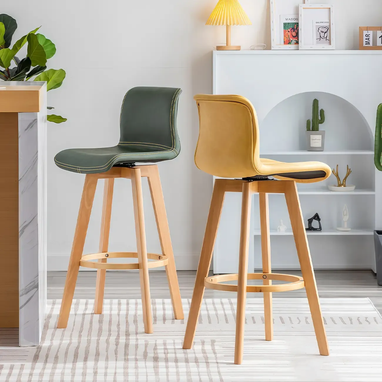 Saddle Leather Counter Height Low Back Swivel Bar Stools