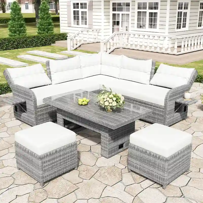 6 Pcs Patio Sectional Sofa Set, Outdoor Rattan Furniture Set with Adjustable Table, Extendable Side Tables and Two Ottomans